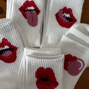Playful White Socks with Red and Pink Lips Pattern